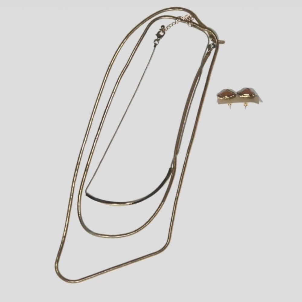 Gold Tone Layered Necklace and Stud Earrings Set